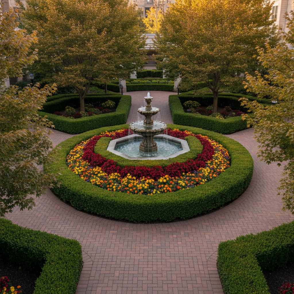 Alt Text: A meticulously landscaped garden with a central fountain surrounded by a circular bed of flowers, flanked by man...