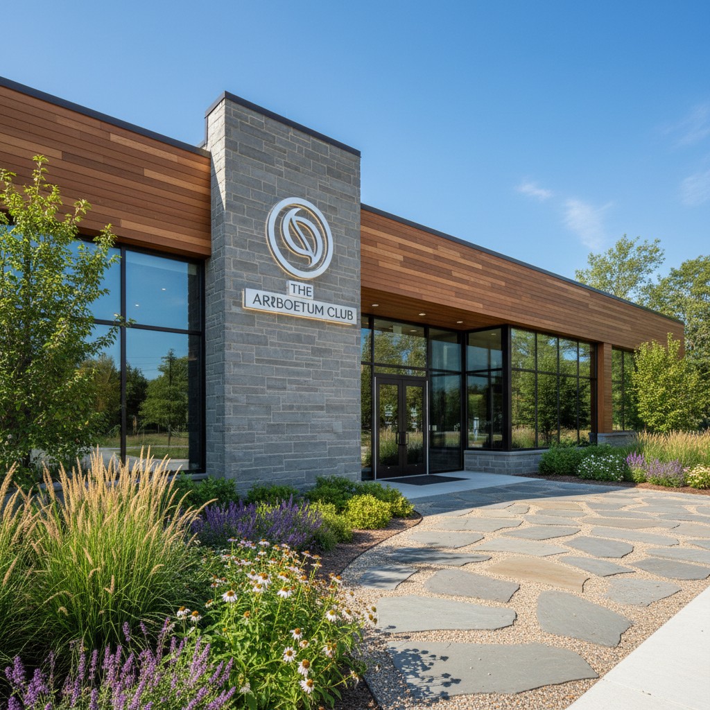 The exterior of a brick and wood building tagged "The Arboetum Club" in a light blue sky.