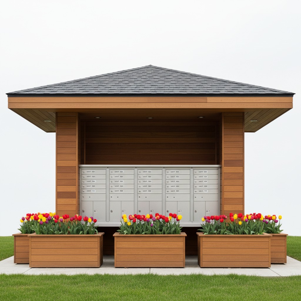 Large building surrounded by a grass lawn, with several rows of 9 metal mailboxes installed. There are wooden flower boxes...