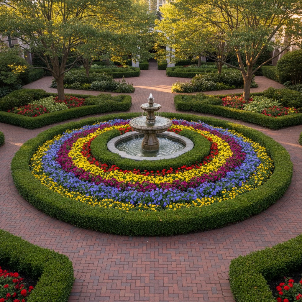 Parking lot with colorful decorative planters and bushes, brick walkway and fountain. Trees running between brick walkways...