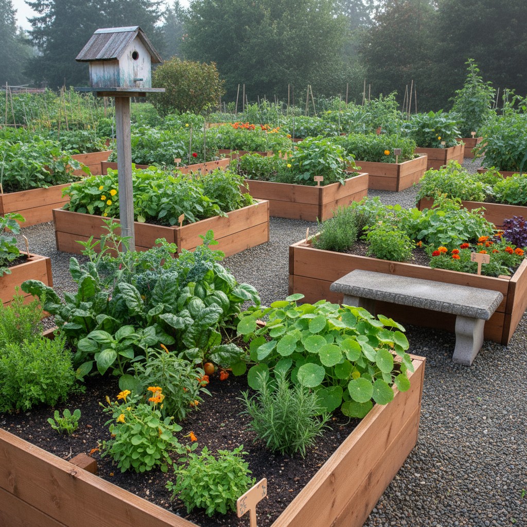 The image depicts a community garden that appears to be run by a local church or cared for by a group of volunteers with a...