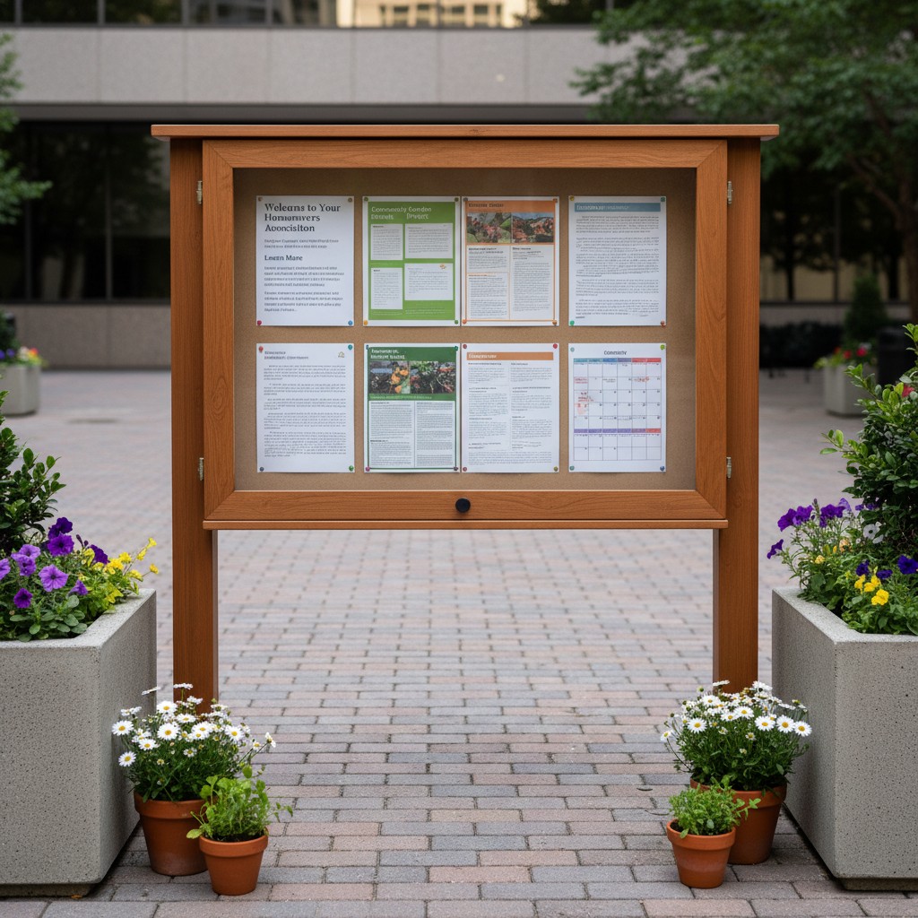 A wooden bulletin board with a brown frame stands in a courtyard, surrounded by two gray planters filled with flowers. The...
